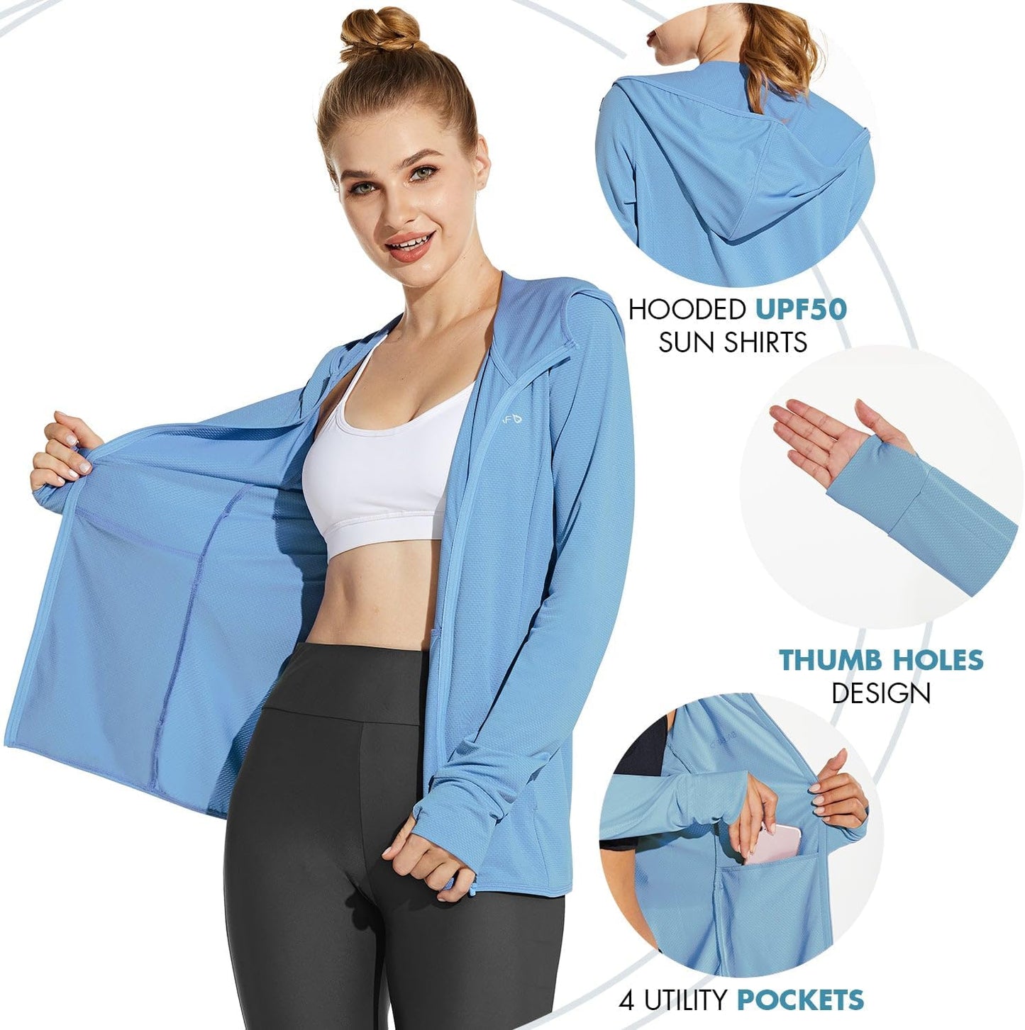 Women's UPF 50+ Sun Protection Hooded Jacket - Cooling Outdoor Performance Shirt with Pockets for Hiking