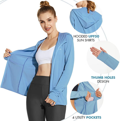Women's UPF 50+ Sun Protection Hooded Jacket - Cooling Outdoor Performance Shirt with Pockets for Hiking